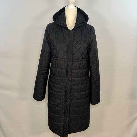 Fabletics Knee Length Hooded Puffer Jacket Black - Picture 1 of 9